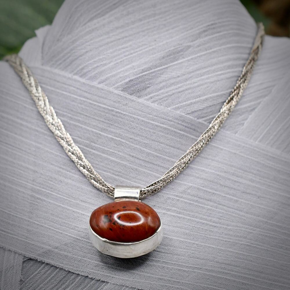 Reversible Black Onyx Mahogany Obsidian Pendant Italian 925 Silver Chain 17